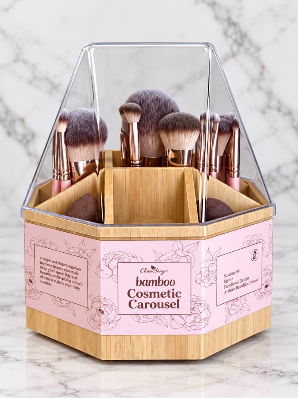 Bamboo Cosmetic Brush Carousel - Pink & Natural Wood